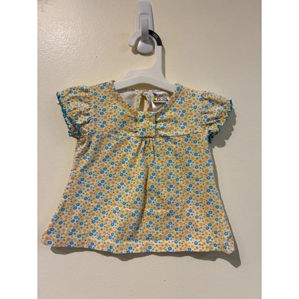 Gumballs Baby Girl 12M Yellow Blue Floral Cotton Ruffle Short Sleeve Top